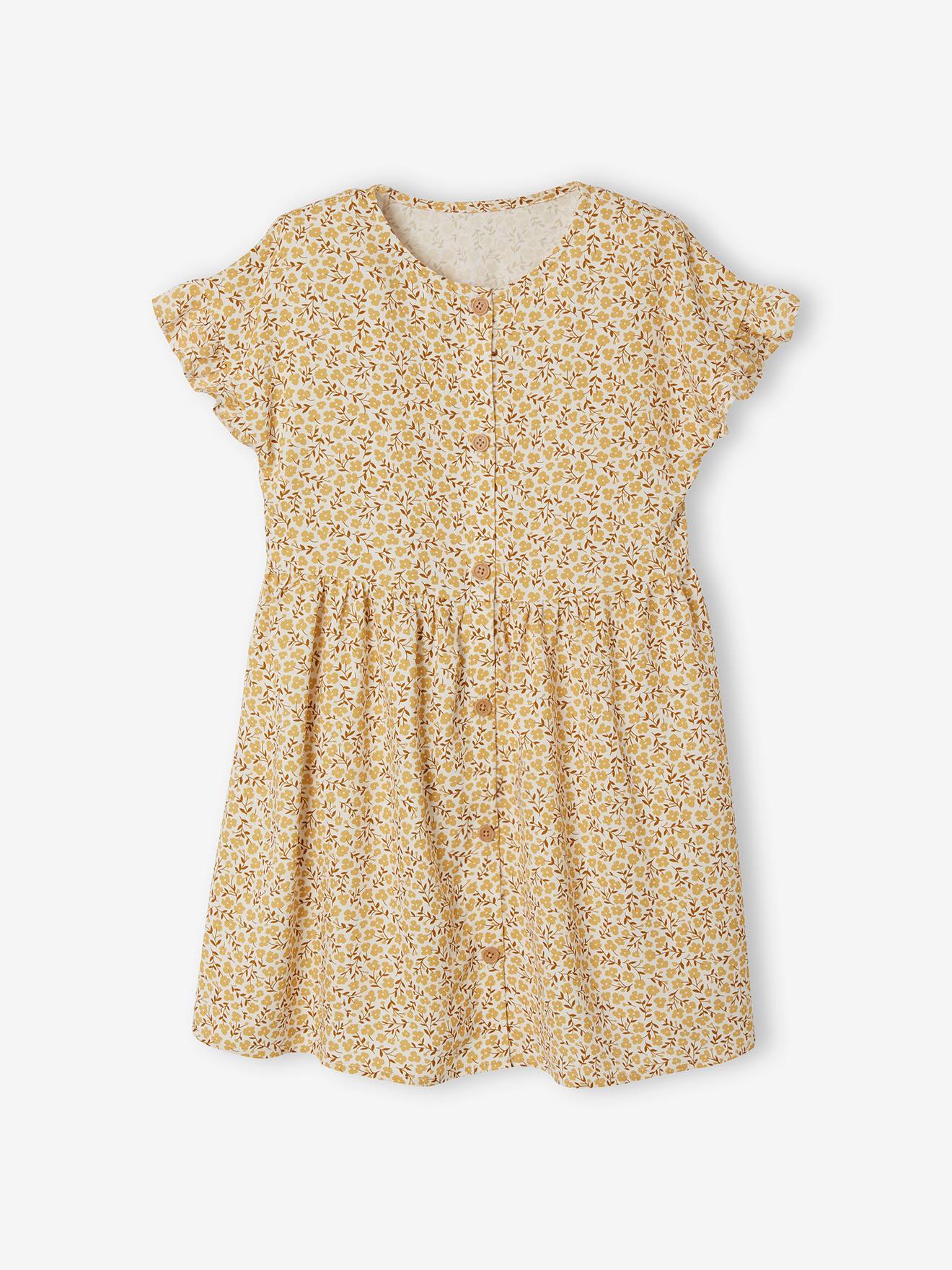 Vestido com botões e estampa floral, para meninas, na cor bege claro.