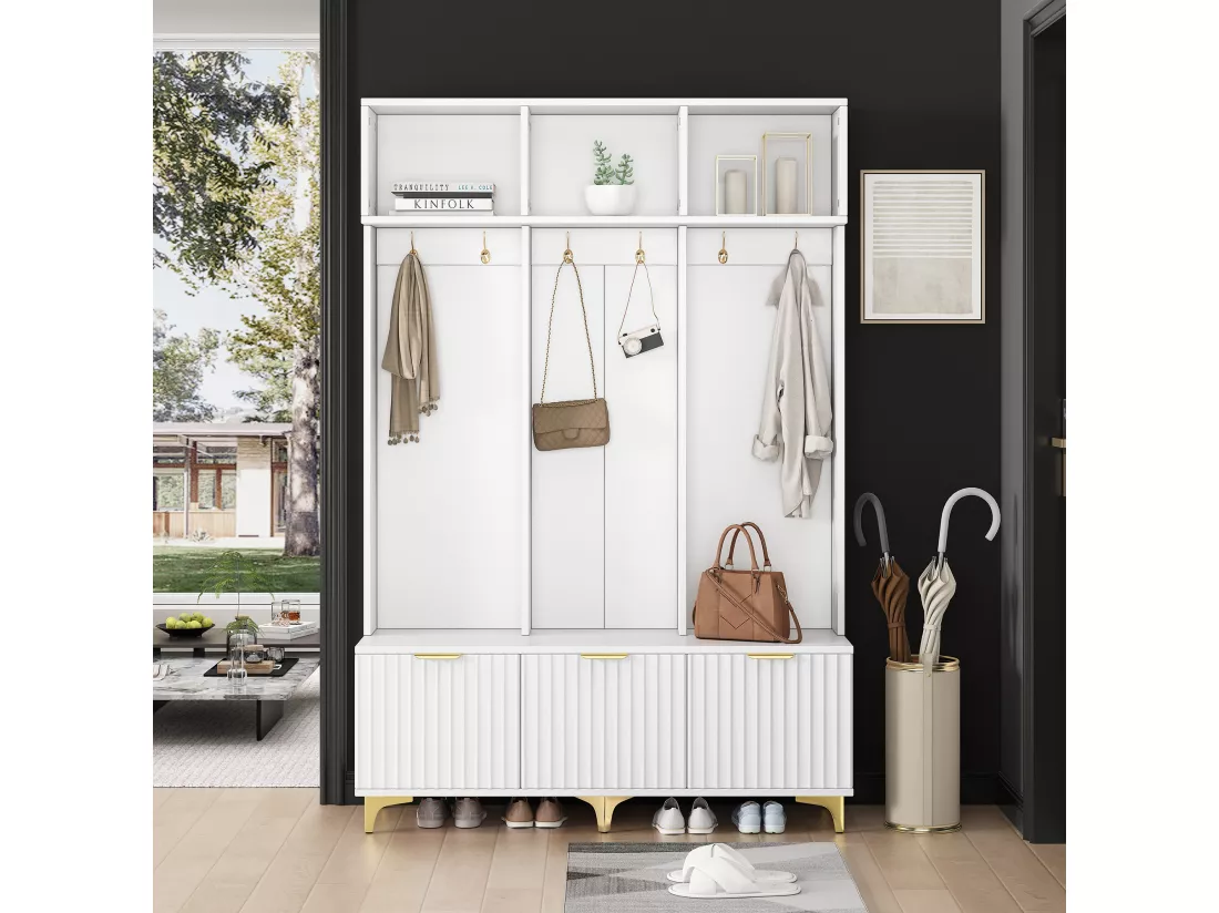 Vestiaire avec 3 portes et 3 niches - 126 x 40 x 191.5 cm - Panneaux de particules et pièds en métal - Blanc