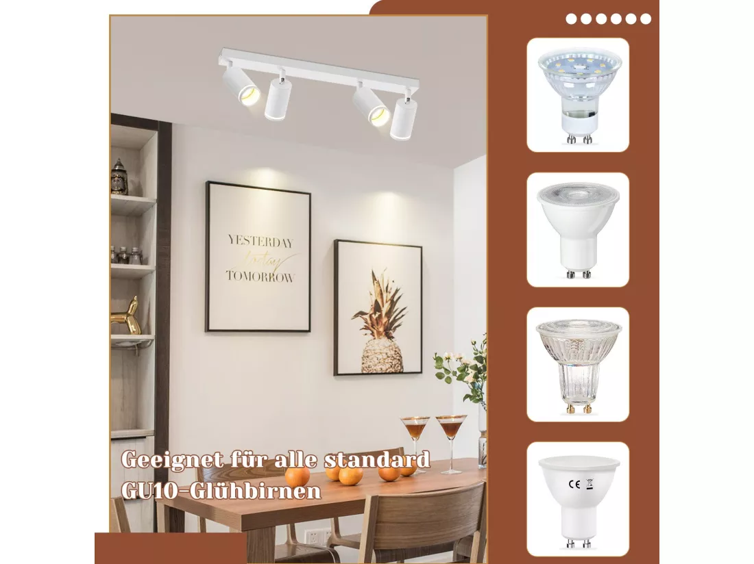 NETTLIFE Spot de plafond blanc 4 ampoules plafonnier moderne spot GU10 spots orientable intérieur métal