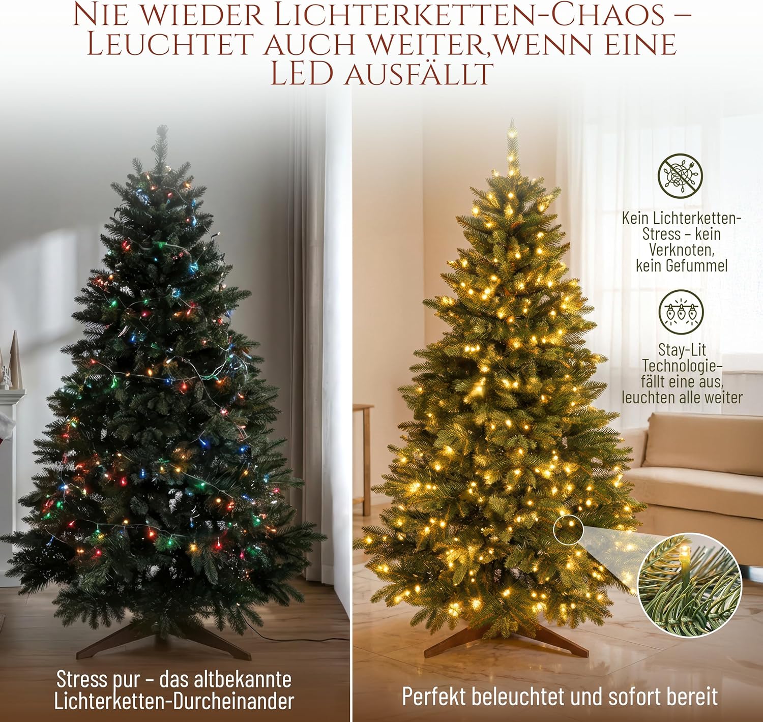 Premium Künstlicher Weihnachtsbaum mit Beleuchtung 180 cm – naturgetreuer Tannenbaum künstlich mit 440 warmweiß-goldenen LED, 8 Lichtmodi & Timer – Weihnachtsbaum LED mit Holzständer
