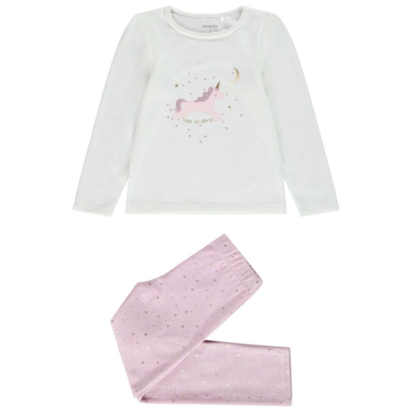 Pyjama 2 pièces en velours avec print licorne pour fille - Ecru
