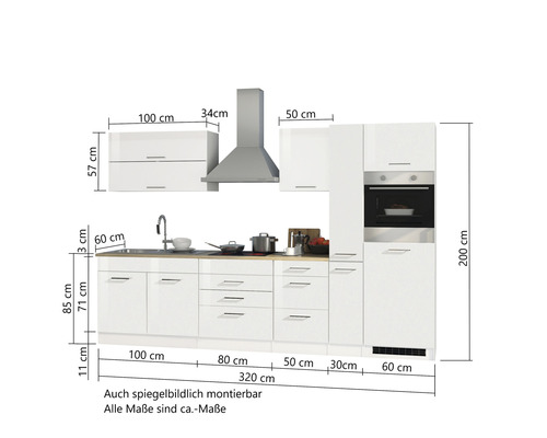 Held Furniture keukenblok met apparatuur Milan 320 cm grijs hoogglans gedemonteerd omkeerbaar model 616.1.6211