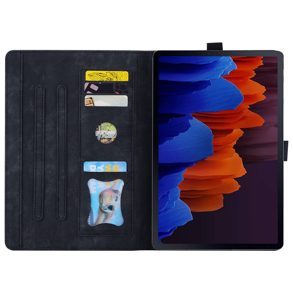 Samsung Galaxy Tab S11 Ultra Leder Tasche Flip Cover Blumen Imprint   S-Pen Halterung - Schwarz