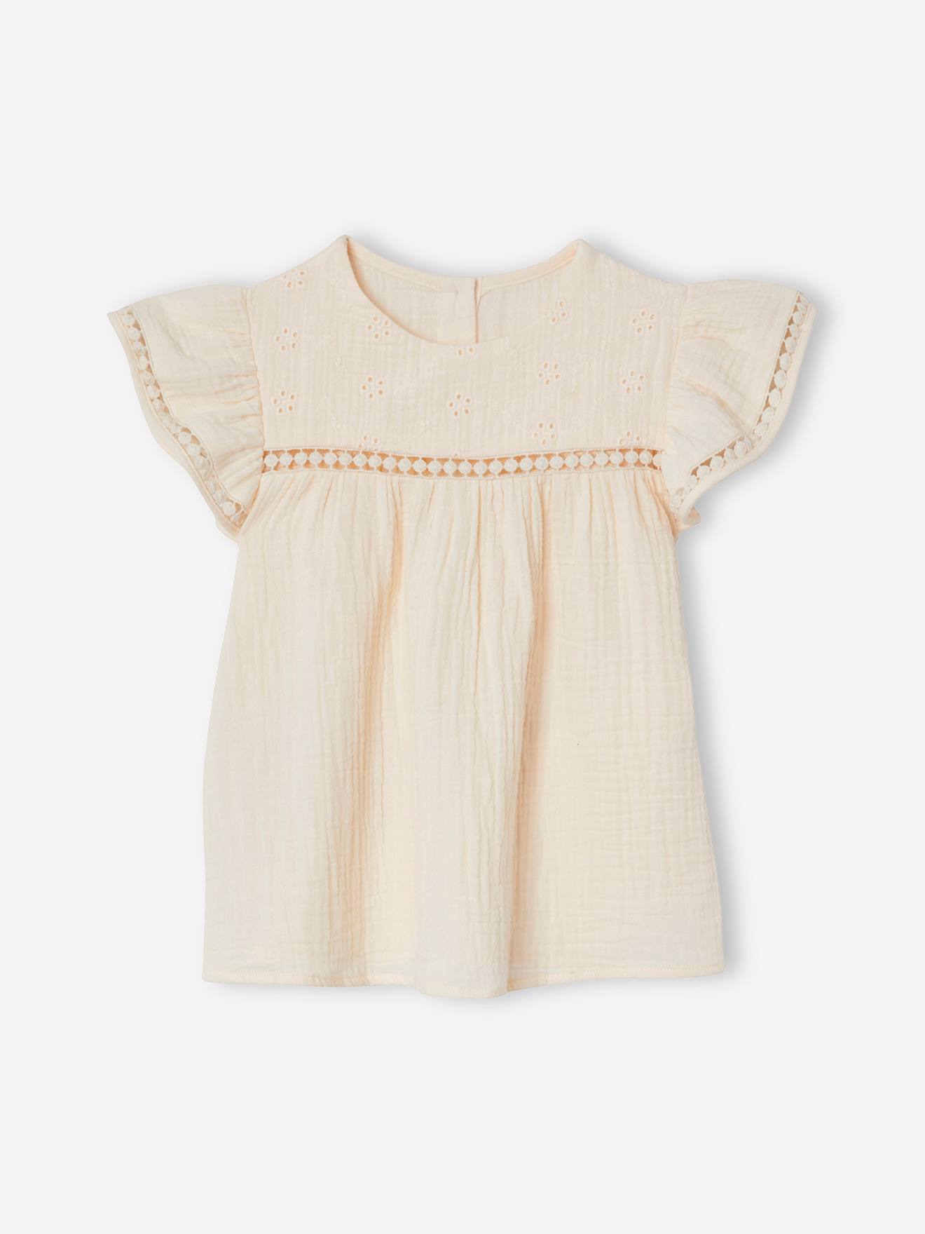 Conjunto de blusa de chiffon de algodão e leggings estampadas para meninas, branco claro liso.