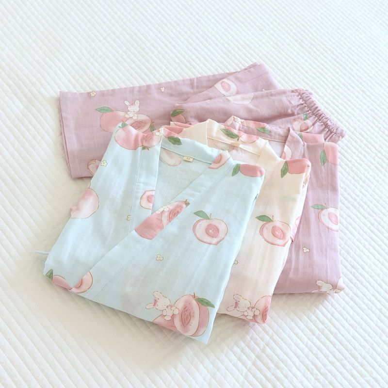 Finlies - Pyjamaset: Kimonotop met korte mouwen en perzikprint + broek