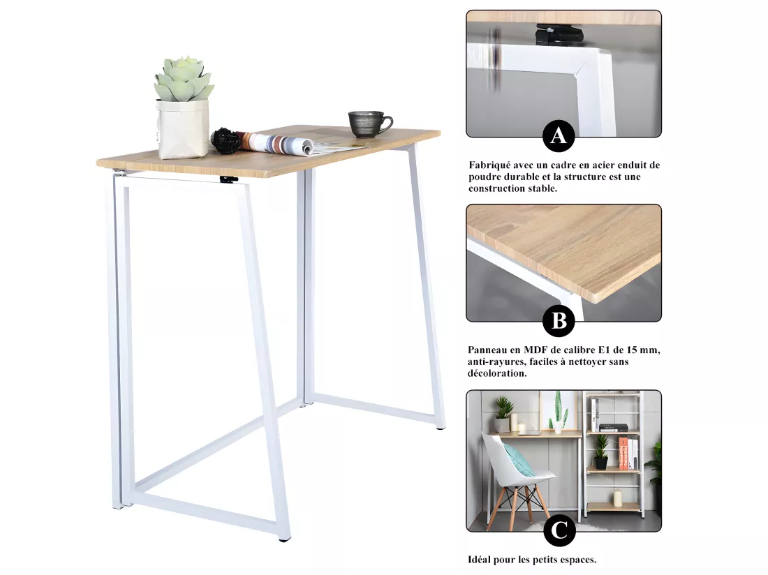 Bureau Pliable Imitation Chêne et métal Blanc Style Industriel