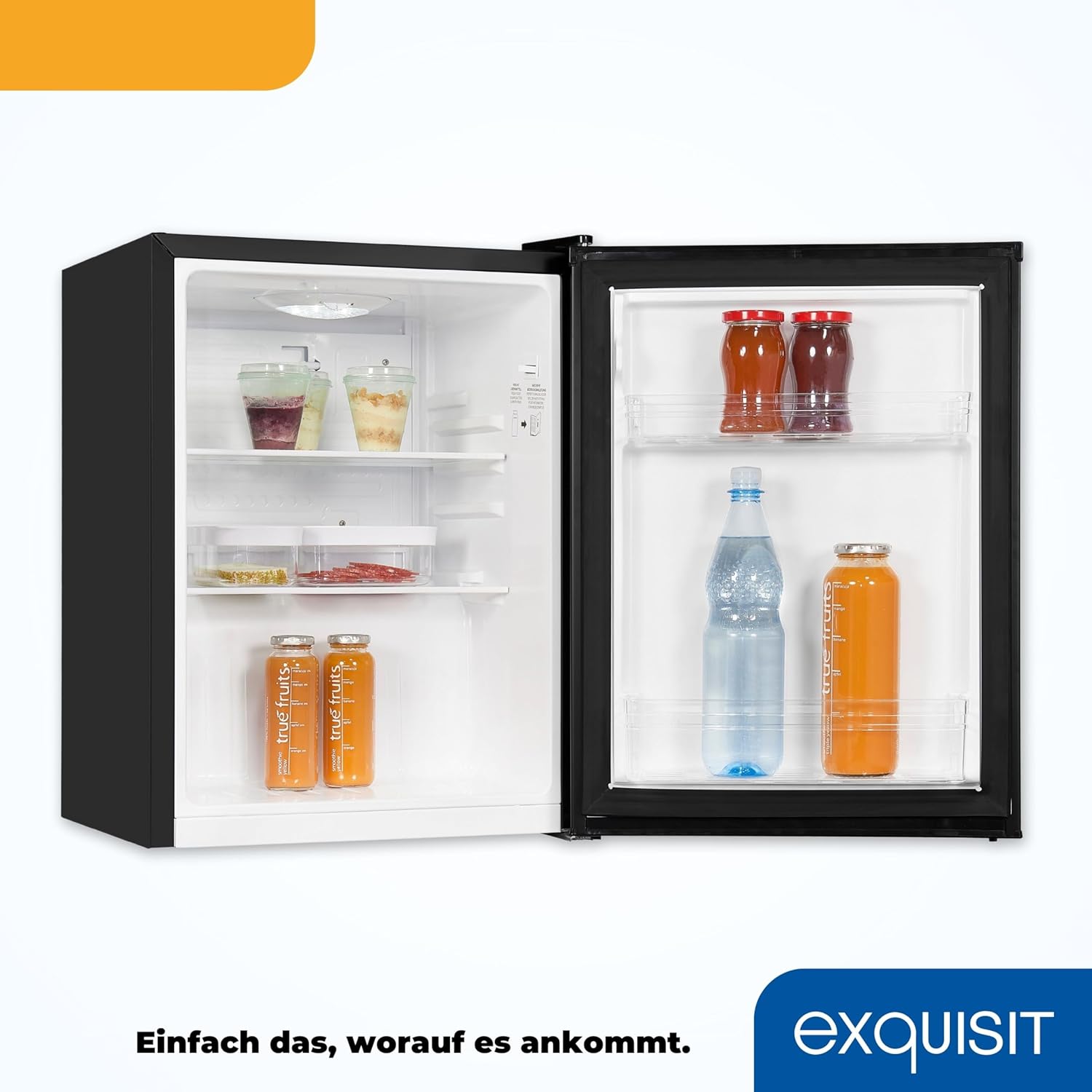Exquisit Mini Kühlschrank KB60-V-090E schwarz | 52 l Nutzinhalt | LED-Innenbeleuchtung | Glasablagen | 45cm Breite