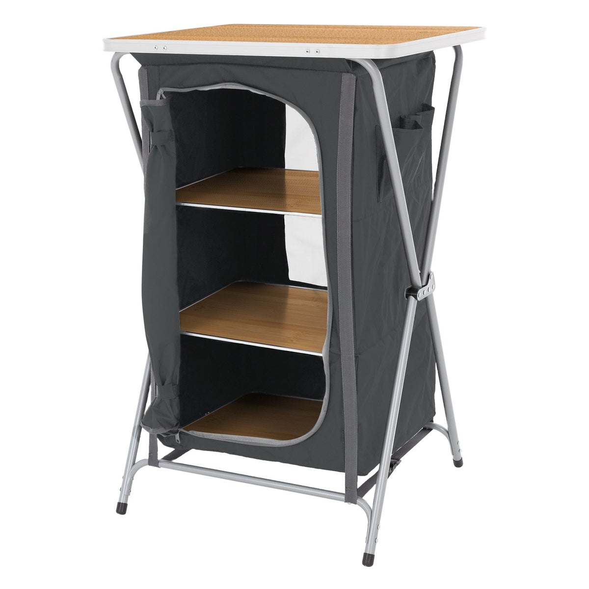 ECD Germany Opvouwbare kampeerkast, houtlook - zwart, 60x97,5x53cm, kampeerkeuken met aluminium frame, draagbare keukenbox met werkblad, 3 planken, draagtas, buitenkast, opvouwbare kast van stof