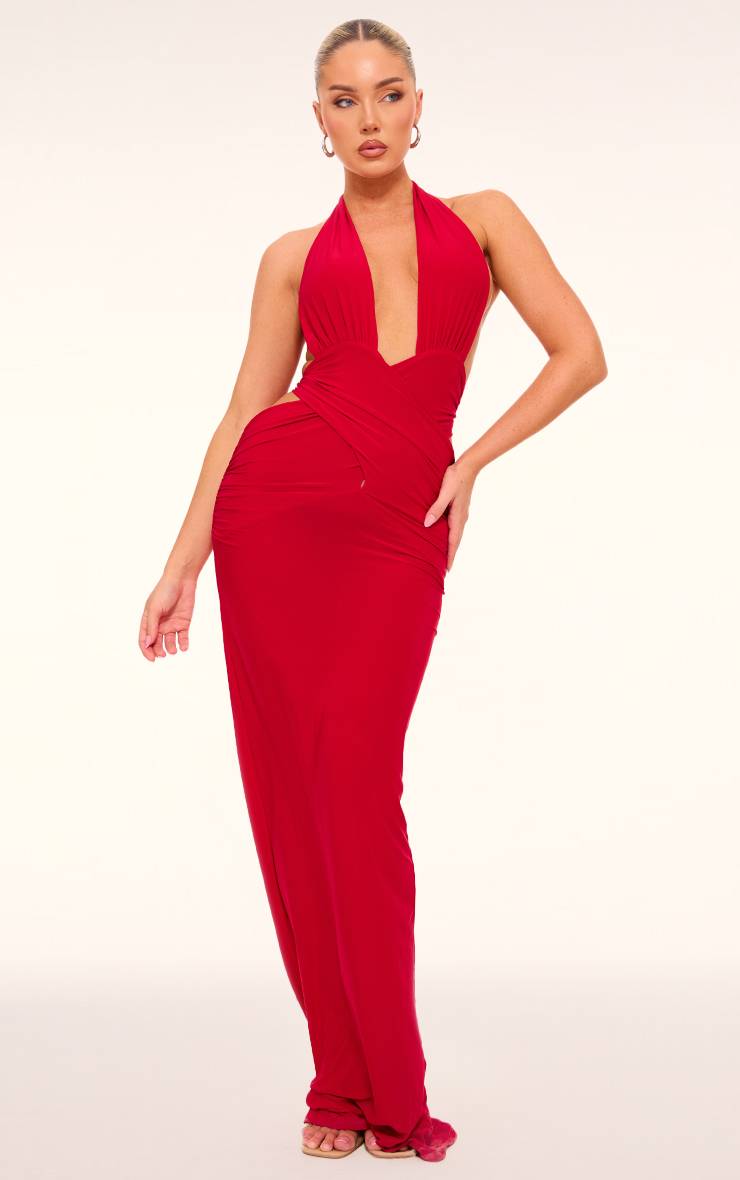Rouge Robe Longue Moulante À Décolleté Plongeant Extrême
