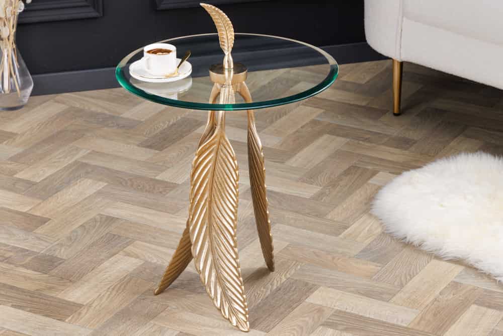 Extravaganter Beistelltisch FEATHER 65cm gold Glasplatte handmade rund