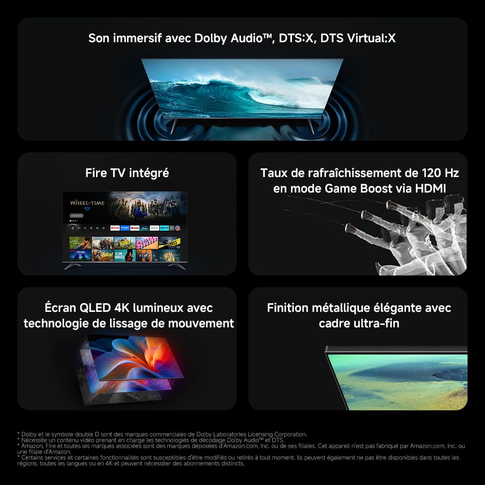 XIAOMI TV F Pro 65, 165 cm (65 Pouces), 4K UHD QLED, Smart TV, Fire TV, Contrôle Vocal Alexa, HDR10+, Mode Game Boost 120Hz, MEMC, 2Go+32Go, Compatibl