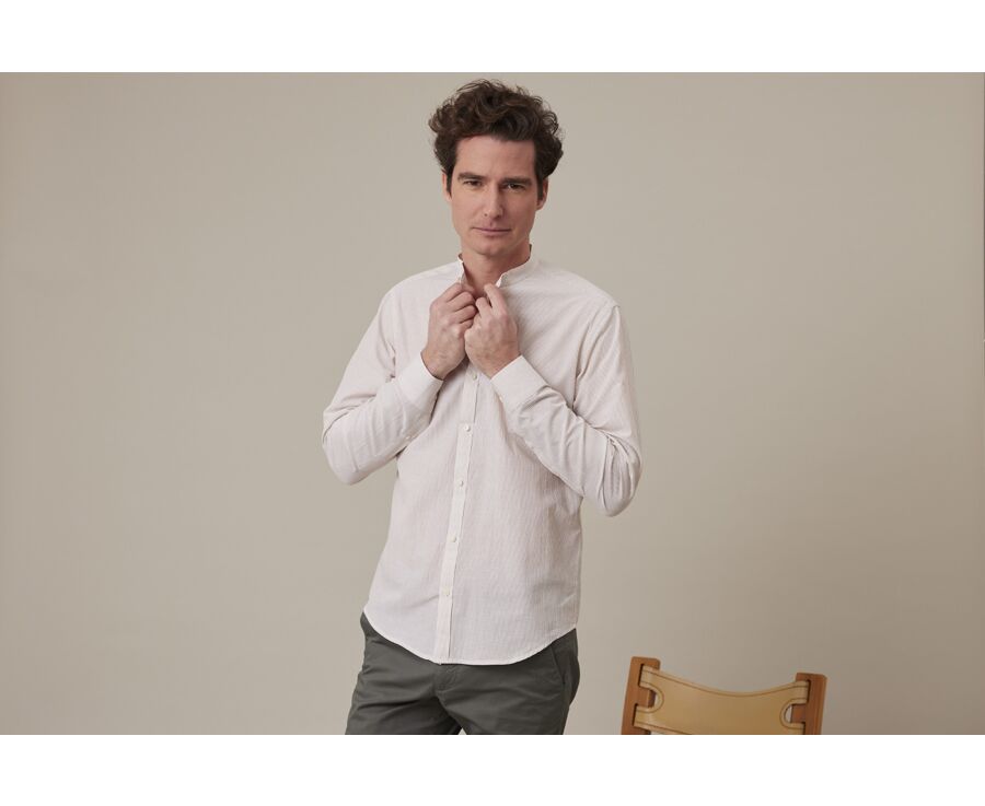 Chemise seersucker à rayures fines beiges et blanches - COLBERT