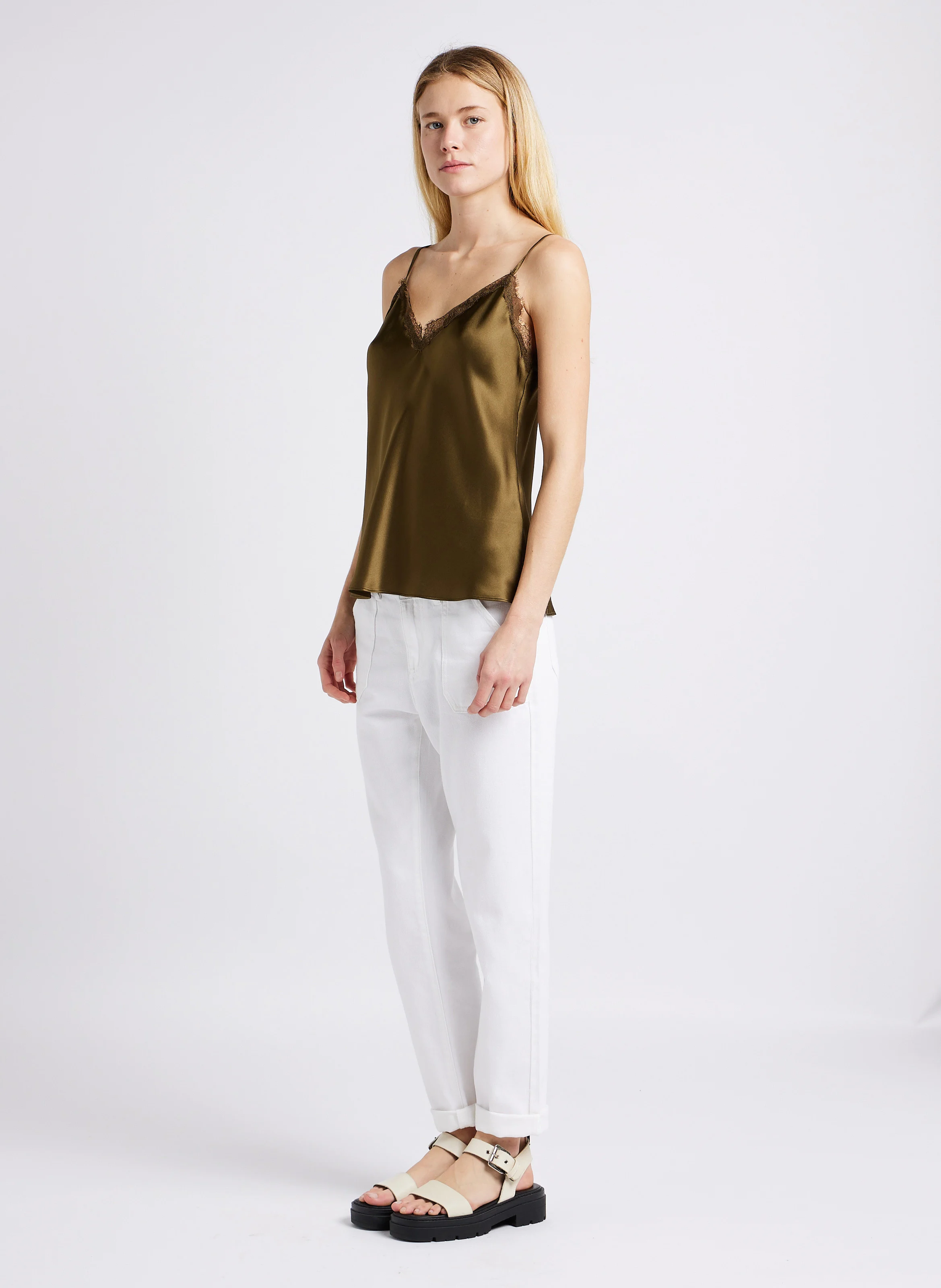NALLA - Pantalon slim taille haute en coton | Blanc