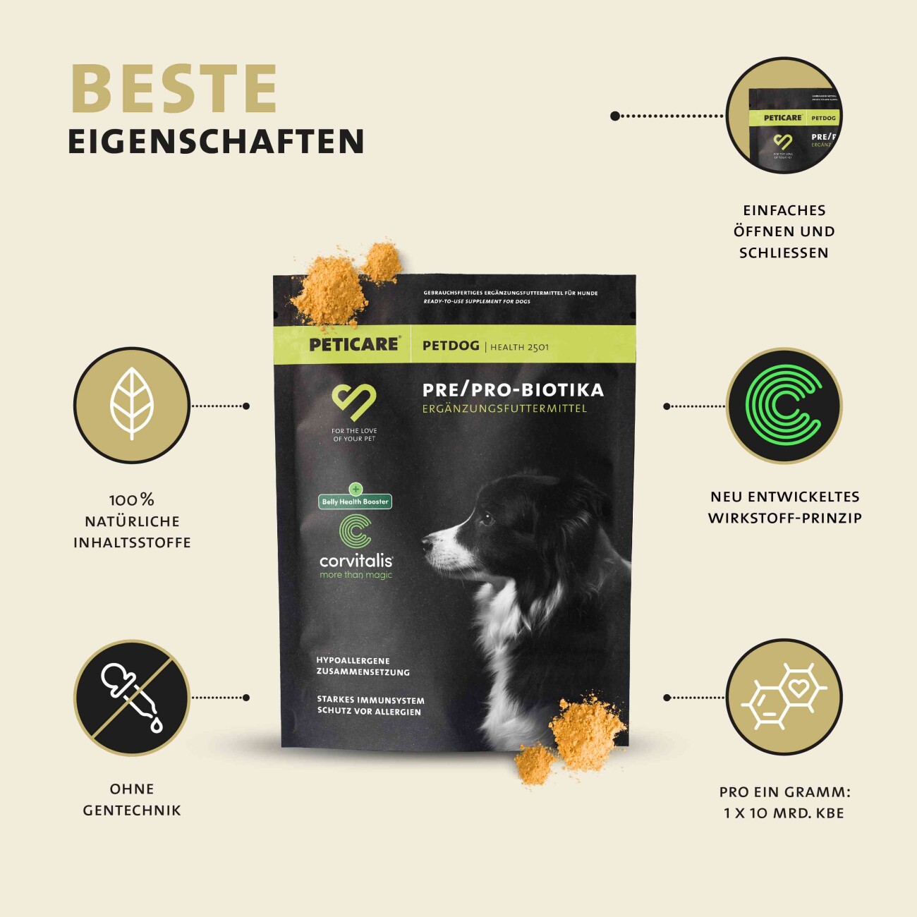 Peticare Probiotika & Präbiotika Pulver für Hunde, Darm-Sanierung, Darmflora 125 ml