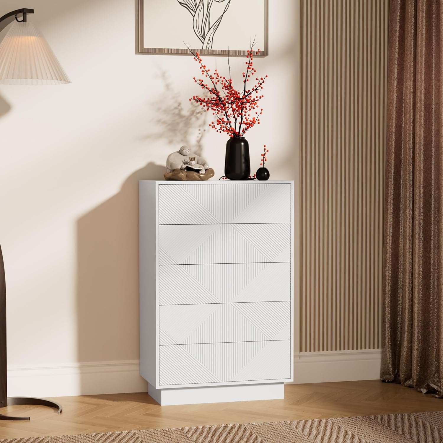 UEV Kommode mit 5 Schubladen,Drucktüröffner Push to Open schmal, Aufbewahrungskommode, Highboard, Sideboard mit Schubladen, Mehrzweckschrank für Wohnzimmer Schlafzimmer Flur Büro 60x33,5x94cm Weiß