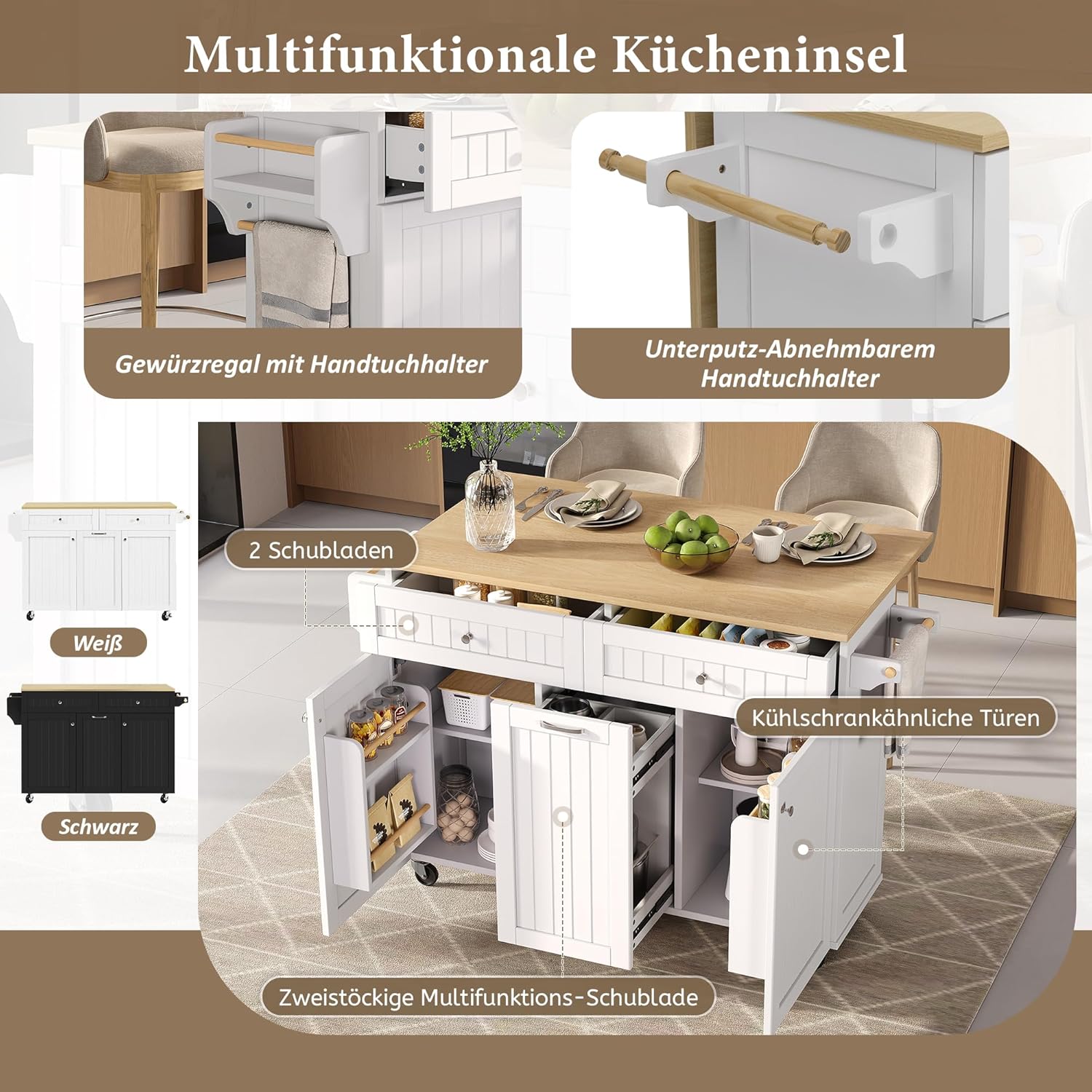 Mobile Kücheninsel Küchenschrank mit Klappbare Arbeitsplatte und Schubladen, Buffetschrank Küchenwagen mit Rollen und Regal, Küchenbuffet, Küchenmöbel, Schrank Weiß, 139.5x40-70x92 cm