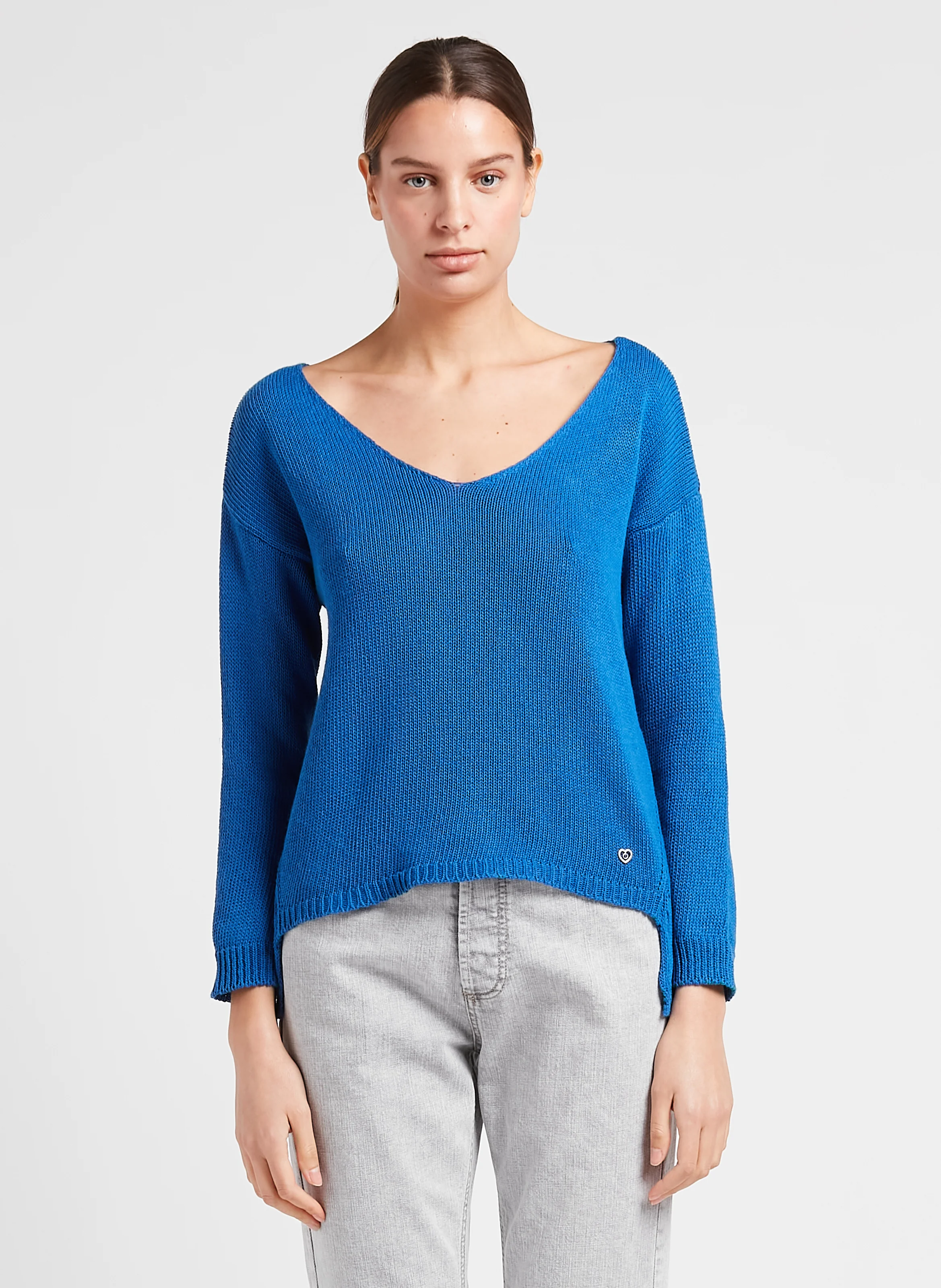 Pull en maille col V en coton mélangé| Bleu