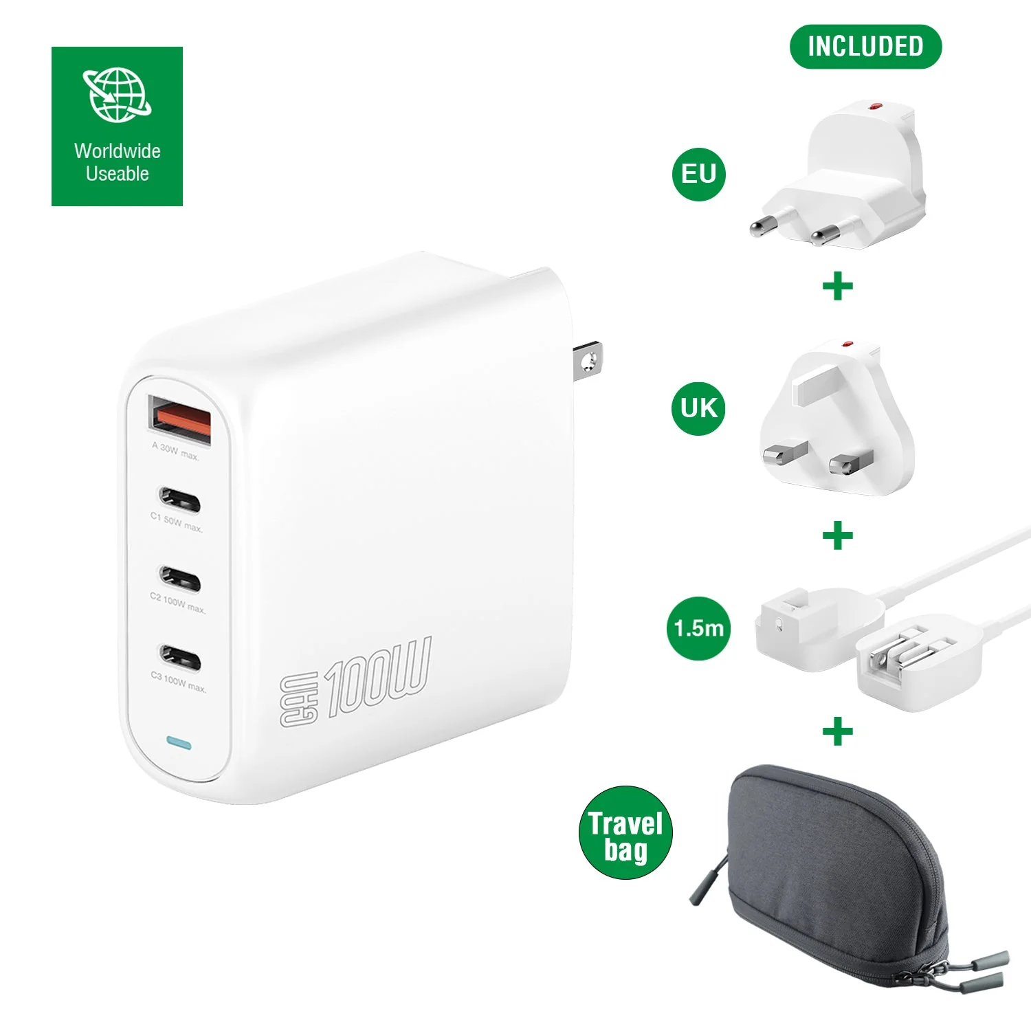 (100W) GaN Flex Pro 3-fach USB C / USB A World Travel Ladegerät Power Delivery Netzteil (4S545100) - Weiss