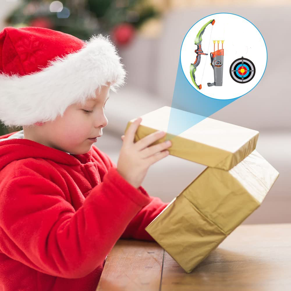(6-tlg. Set) LED Kinder Bogen Schiessen Spielzeug inkl. Zielscheibe / Pfeilhalter (Batteriebetrieben) - Bunt