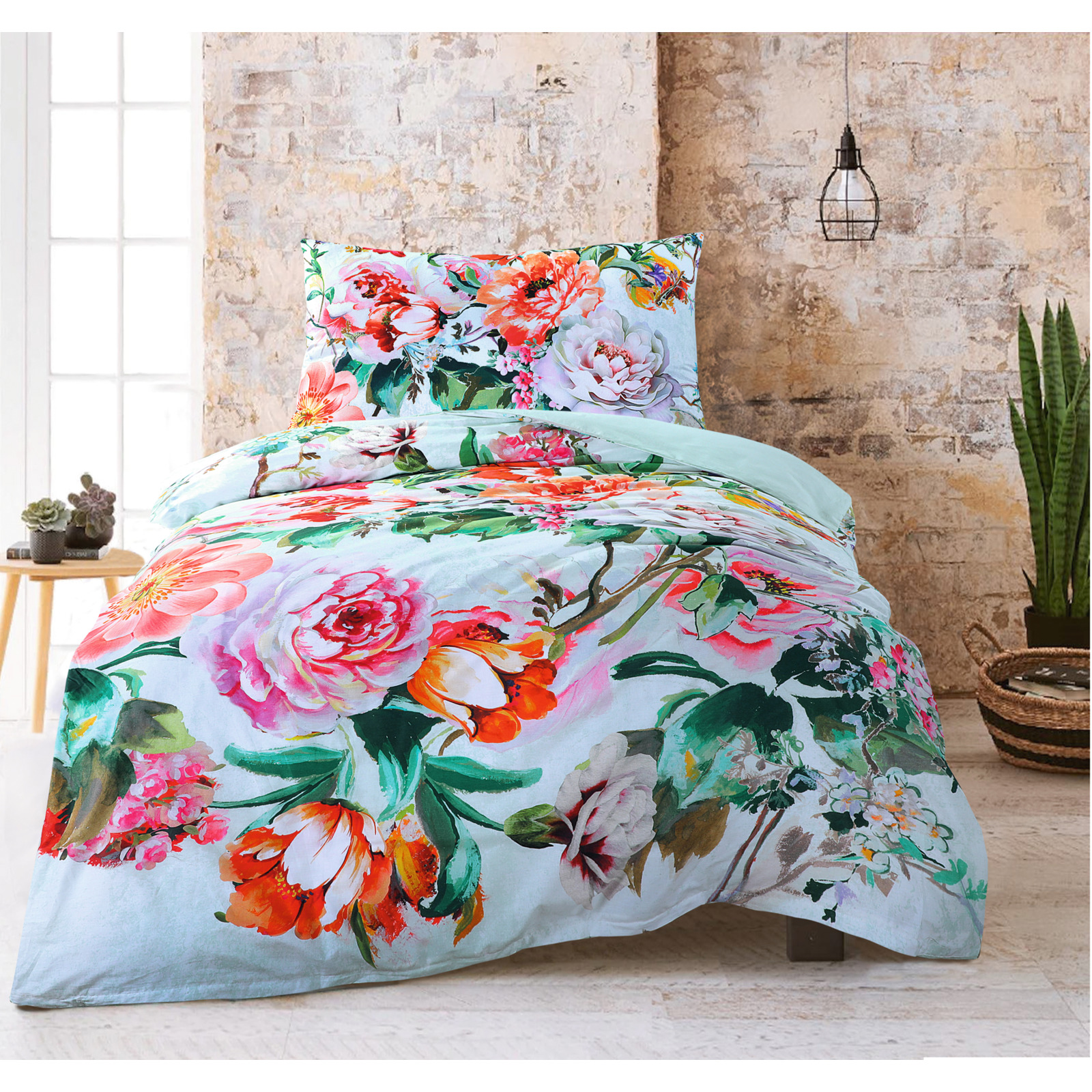 Bettwäsche Renforcé Blumen grün