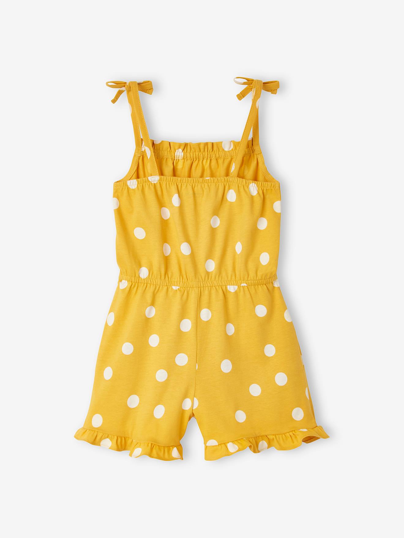 Macacão curto com alças e estampa exótica, para meninas, estampa amarelo escuro.