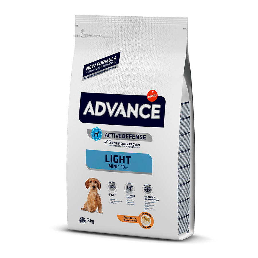 Ração Advance Mini Light para cães, sabor frango e arroz.