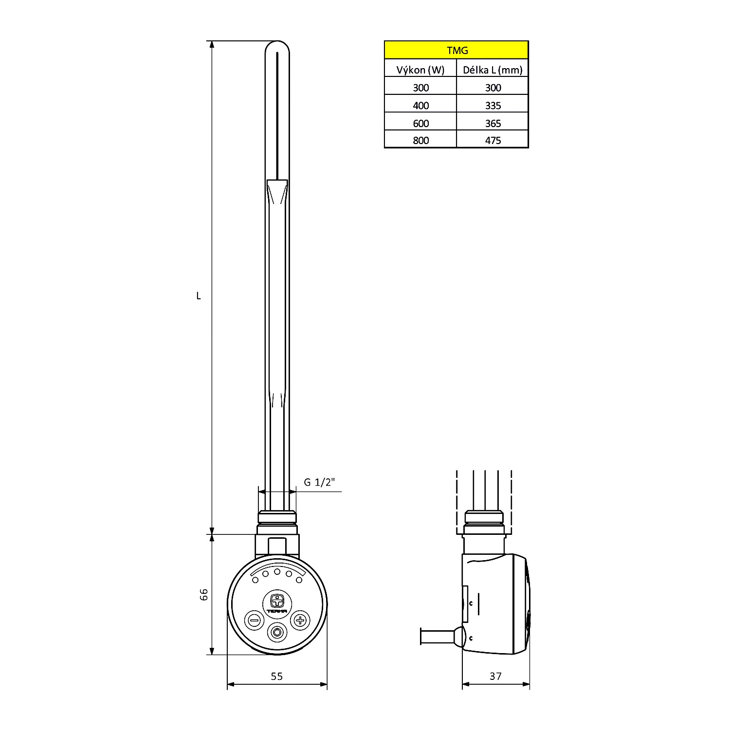Aqualine TMG thermostatisch verwarmingselement wit mat 300W