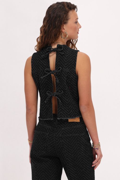 Zwarte jacquard denim top met strikjes