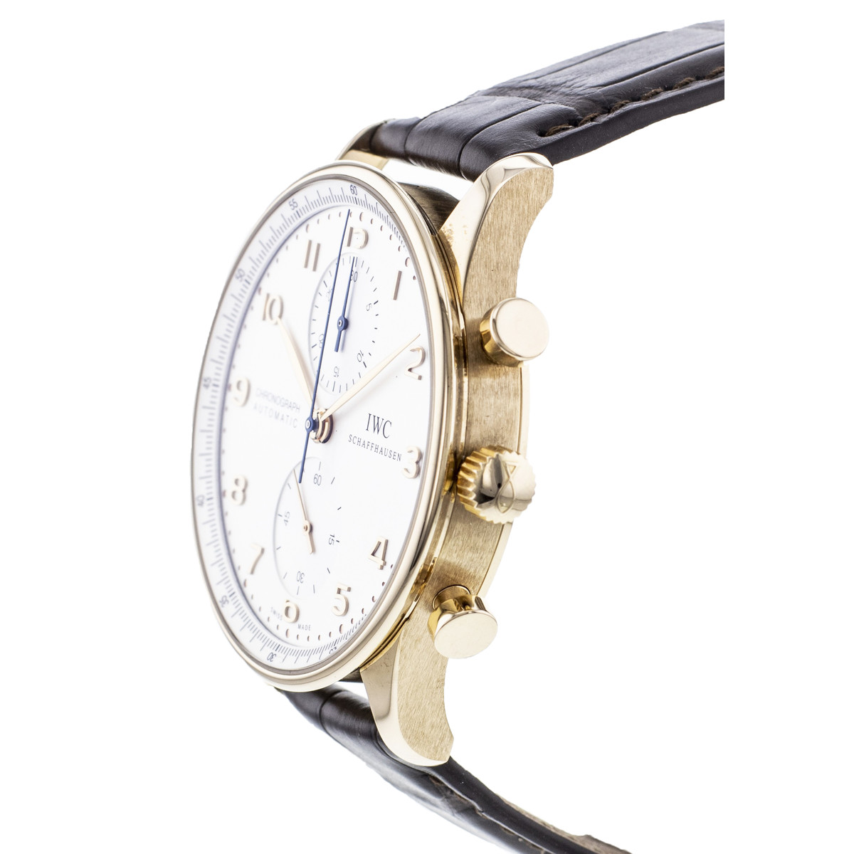 Montre d'occasion IWC Portugaise homme chronographe automatique acier doré rose bracelet cuir noir