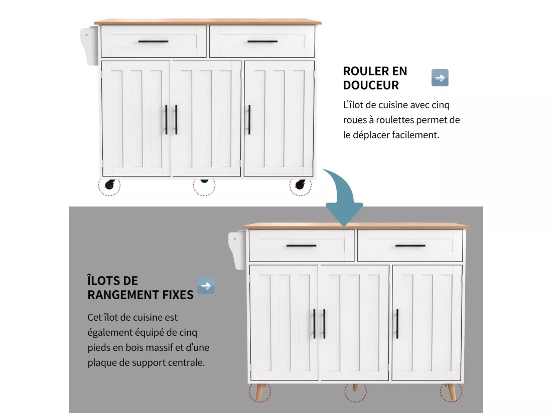 Desserte de cuisine 129x46x91.5cm, chariot de salle à manger, plan de travail pliable, armoire de rangement, blanc