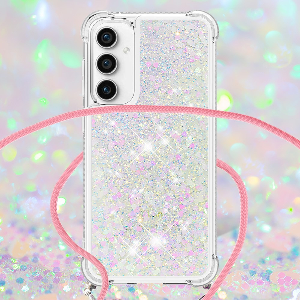 Samsung Galaxy S23 FE Necklace Gummi Hülle Liquid Glitzer   Handykette (130cm) - Rosa / Silber