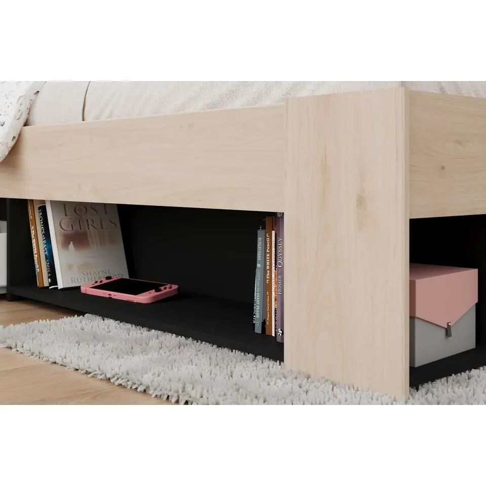 Kinderbed Achiel - 120x200/190cm - met opbergruimte - eikdecor/zwart