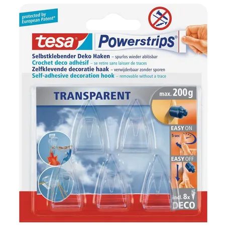 tesa Powerstrips transparent Deco-Haken, 5 Haken/8 Strips