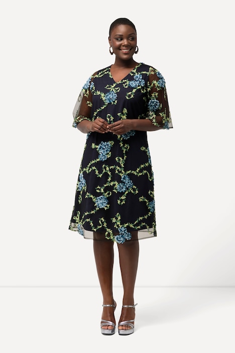 Kleid, Blütenstickerei, A-Linie, V-Ausschnitt, Halbarm