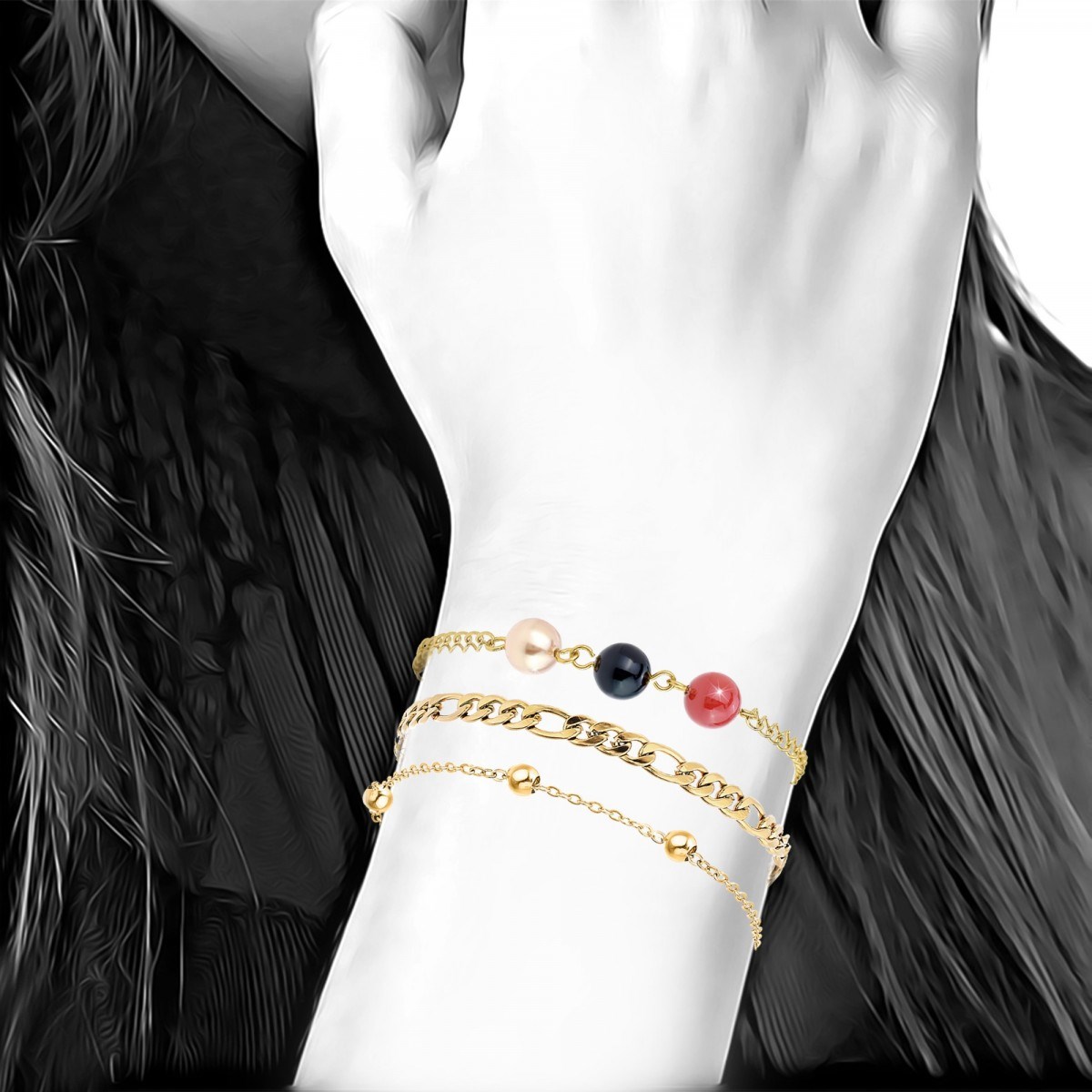 Lot de 3 bracelets SC Bohème en Laiton Finement doré orné de perles scintillantes