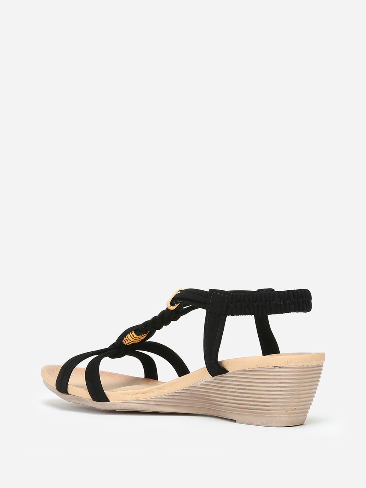 Sandales compensées à perles effet bois- Noir