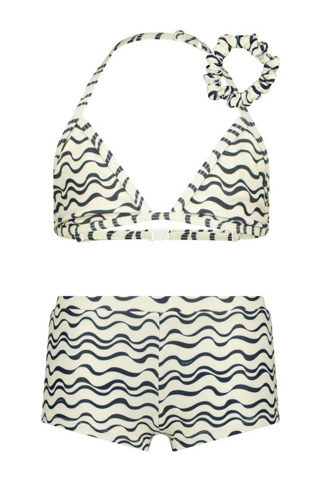 Fijne bikinitriangel bikini Zabine met scrunchie wit/zwart