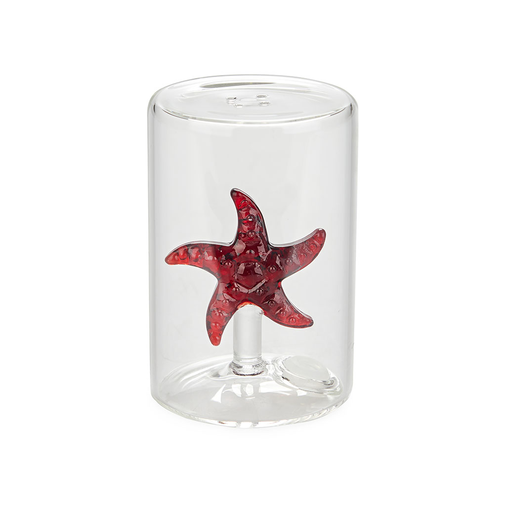 Saleiro Balvi em formato de estrela-do-mar, vermelho, feito de borosilicato.