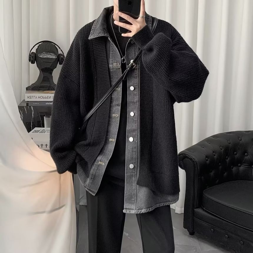 Cowpow - Kraag Tweekleurige Mock Tweedelige Geribbelde Oversized Cardigan