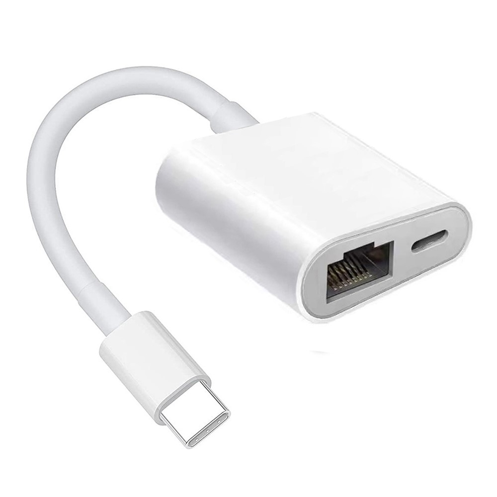 USB C auf Ethernet LAN RJ45 (10/100 Mbit/s)   USB C (PD/24W) Lade Adapter Splitter - Weiss