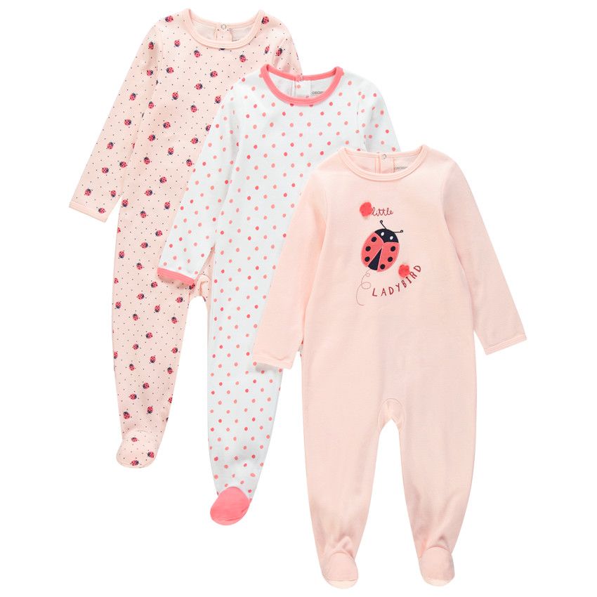 Lot de 3 Dors-bien en jersey interlock imprimés et broderie coccinelle - Rose