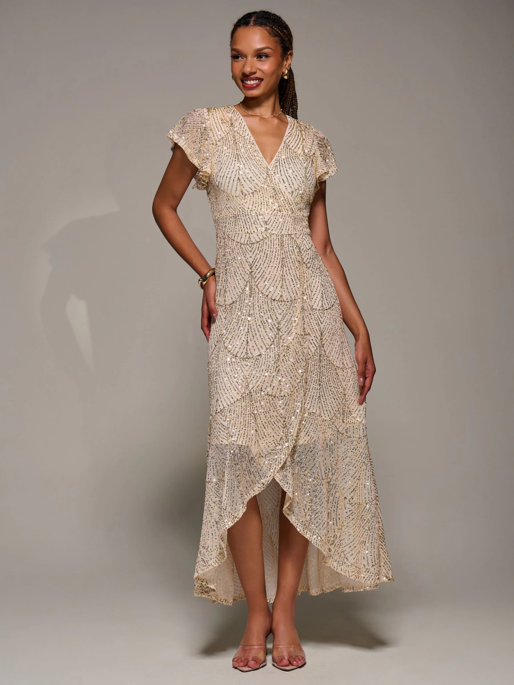 Jolie Moi Frill Short Sleeve Sequin Maxi Dress