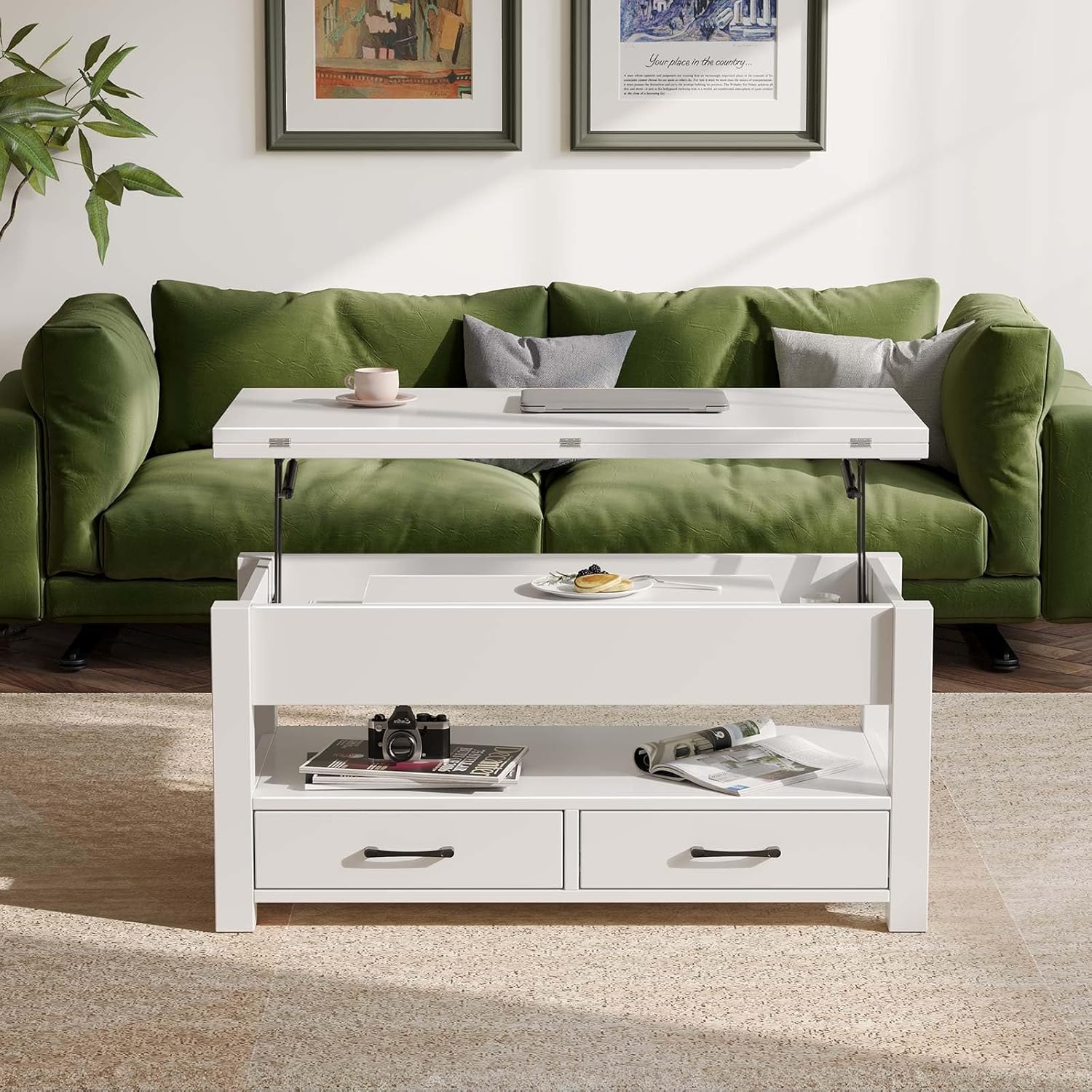 Rolanstar Couchtisch Höhenverstellbar, Wohnzimmertisch mit Schublade & verstecktem Fach, Kaffeetisch umwandelbar in Esstisch, 100 x 50 cm Sofatisch aus Holz, Weiß