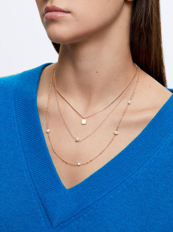 Conjunto de colar com pérolas e medalhas - Dorado