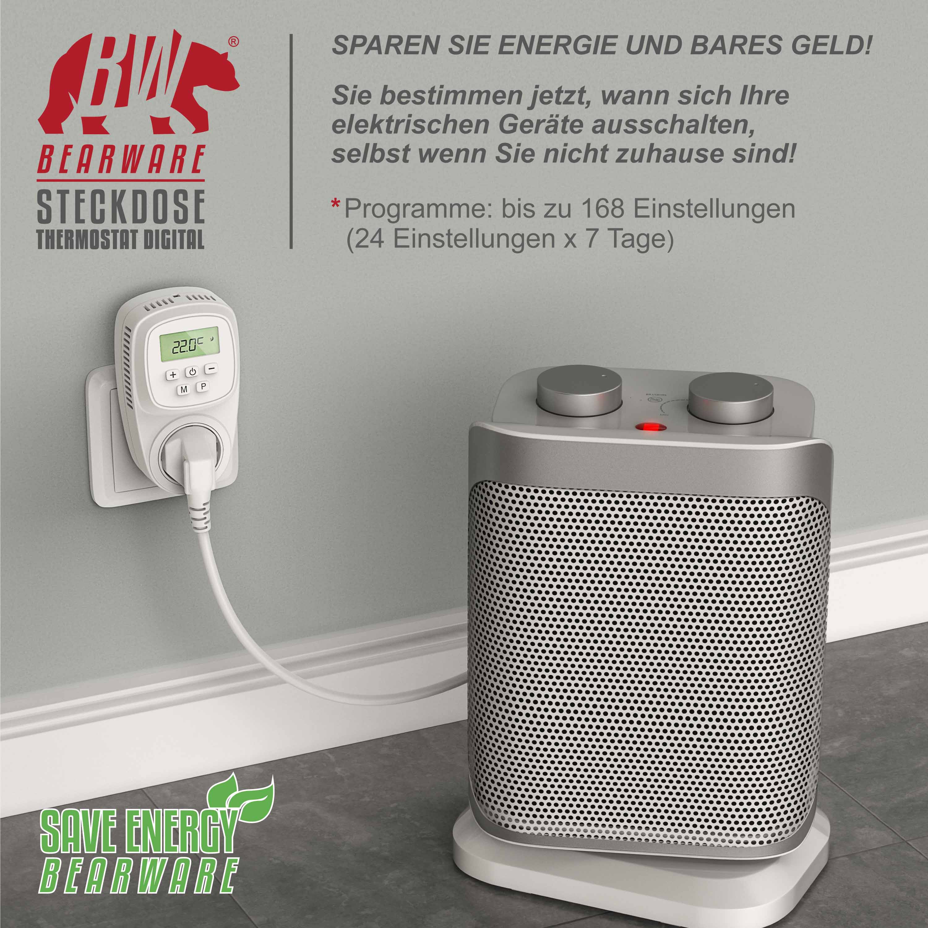 BEARWARE Steckdosen Thermostat digital programmierbar Temperaturregelung 5° - 35°C