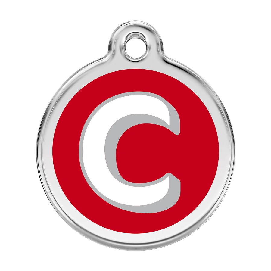 Placa de identificação para cães em aço inoxidável esmaltado com a letra C do alfabeto, vermelha.