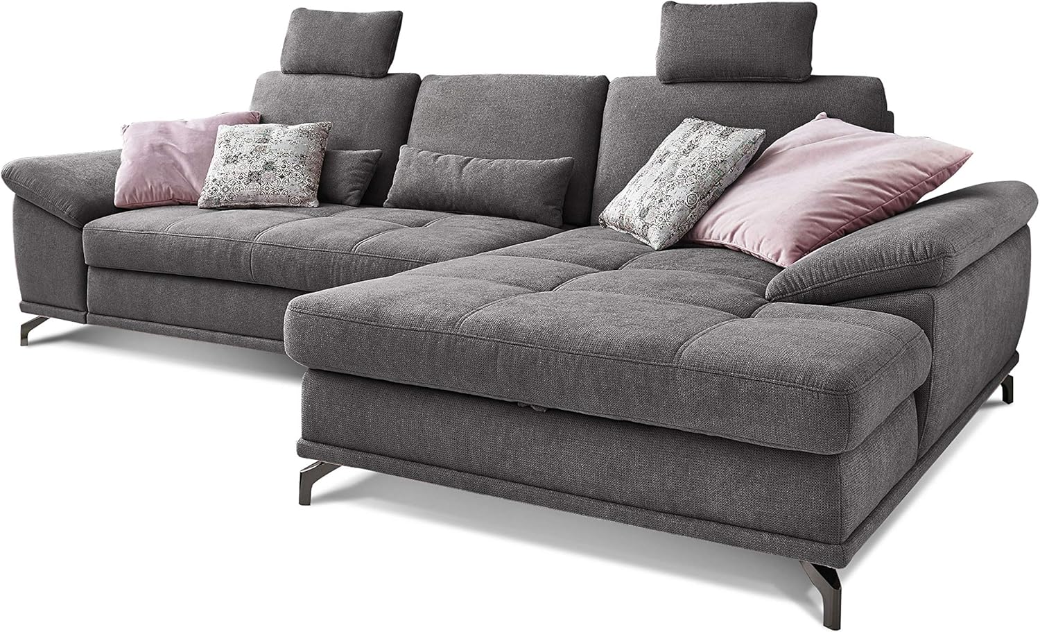 Cavadore Ecksofa Castiel mit Federkern / Großes Sofa in L-Form mit Sitztiefenverstellung, Kopfstützen und XL-Longchair / 312 x 114 x 173 / Webstoff, Grau