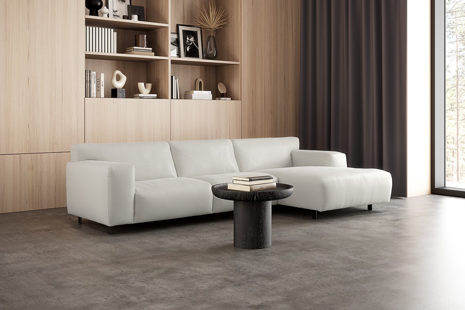 Vesta 2,5-seter med sjeselong høyre I Tekstil Cortina White, standardsøm, sort metallben 10 cm, Comfort CM
