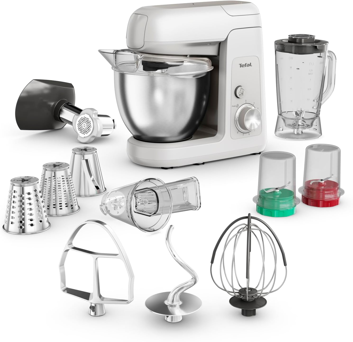 Tefal Bake Partner Küchenmaschine, leistungsstarke 1100 W, inkl. Standmixeraufsatz + Back-Kit, Abschaltautomatik bei Anheben des Armes, planetarisches Rührsystem, 4,6-l-Schüssel, Silber, QB525B38