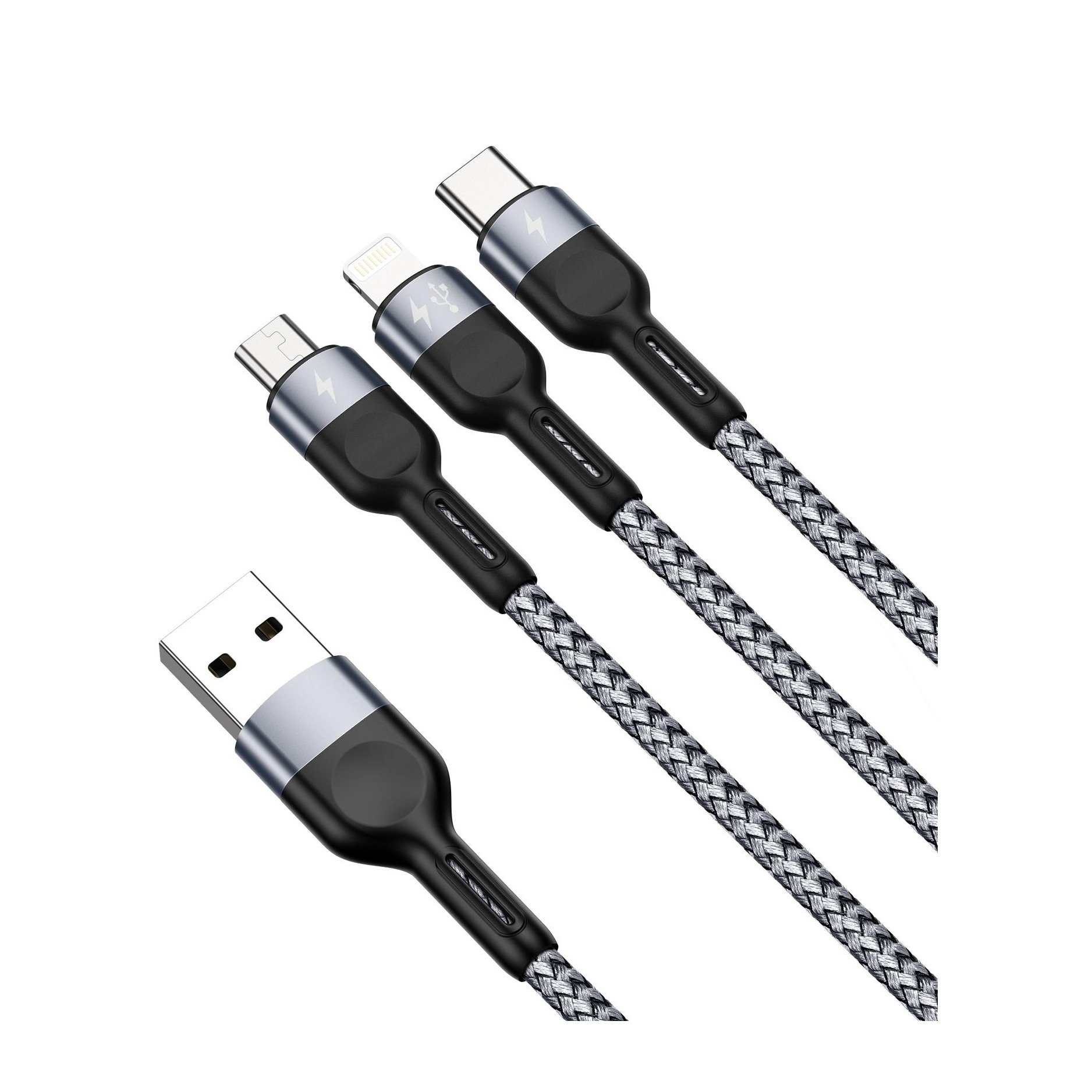 (1.3m) 3.5 A 3in1 USB A auf Lightning / Micro USB / USB C Nylon Ladekabel - Grau / Schwarz